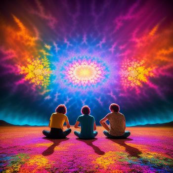 two people sitting on the ground in front of a colorful light painting of a sunflower and a star