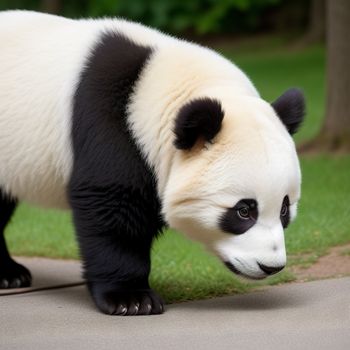 panda bear is walking on the sidewalk and looking down at the ground with grass in the background and trees in the background