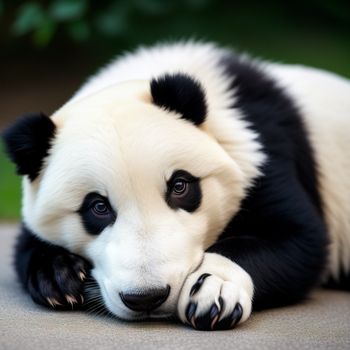 panda bear laying on the ground with its head on its paws and eyes closed