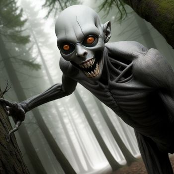 creepy looking creature with orange eyes climbing a tree in a forest with foggy trees and foggy sky