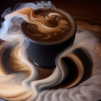 cup of coffee with a swirly design on it's side and steam rising out of it