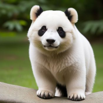 white and black panda bear standing on a rock in a zoo enclosure with trees in the background and grass in the foreground