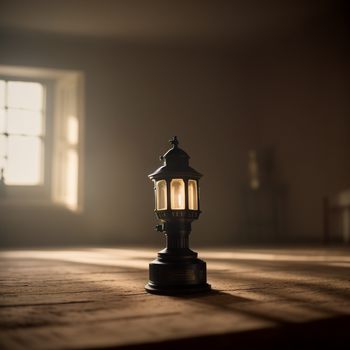 lamp on a wooden table in a room with a window in the background and sunlight streaming through the window