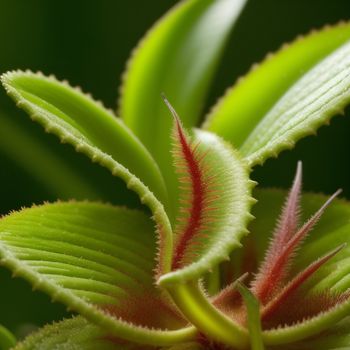 close up of a green plant with red tips and a green background with a blurry background of leaves