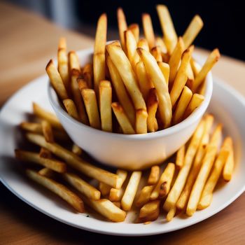 white plate topped with french fries on top of a wooden table next to a bowl of fries on a plate