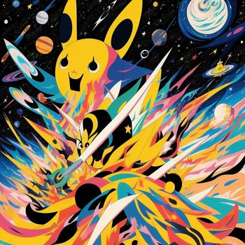 pokemon poster with a space background and a yellow pikachu in the foreground with a black background