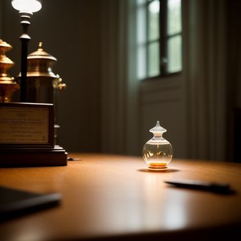 table with a glass jar on it and a pen on it next to a window with a light shining in