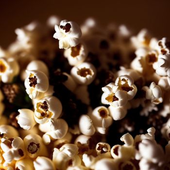 close up of a bowl of popcorn with white flowers on it's side and a brown background