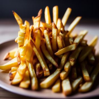 plate of french fries on a table top with a fork in it and a fork in the middle of the plate