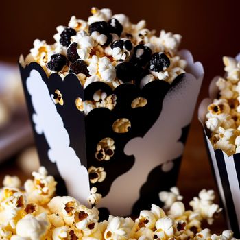 close up of a popcorn box with black and white popcorn in it and a striped bag of popcorn