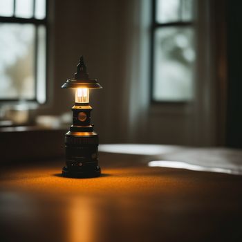 small lamp is lit up on a table in a dark room with windows in the background and a light shining on the floor