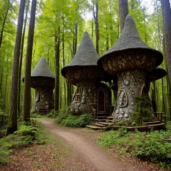 group of stone houses in the woods with trees around them and a dirt path leading to them and a dirt path leading to the top of the houses