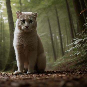 white cat sitting in the middle of a forest with trees in the background and leaves on the ground