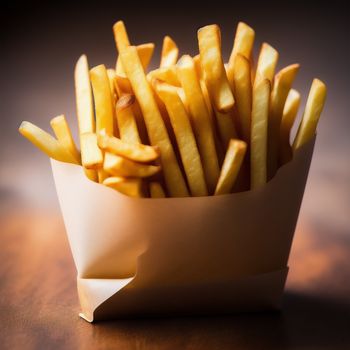 basket of french fries on a table with a brown background and a brown table cloth with a brown table cloth