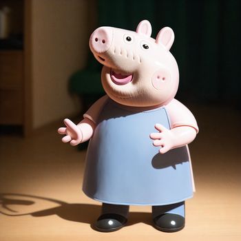 toy pig is standing on a table with a blue dress on it's body and a black nose