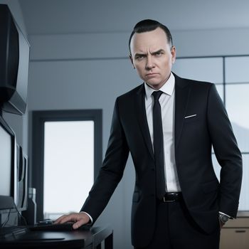 man in a suit and tie standing in front of a computer monitor with a frown on his face