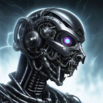 robot with a purple eye and a lightning background is shown in this image