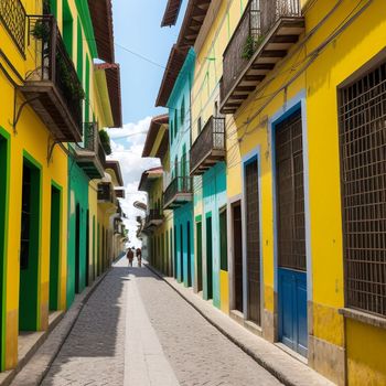 narrow street with a few people walking down it and a few buildings painted in different colors and shapes