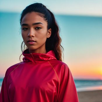 woman in a red jacket standing on a beach at sunset with the sun setting behind her and the ocean in the background