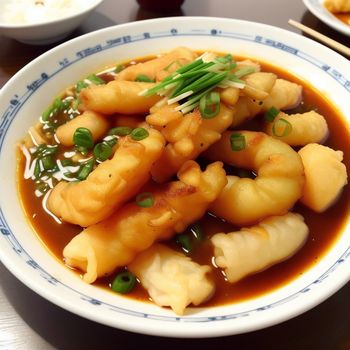 bowl of dumplings with sauce and green onions on a table with chopsticks and a cup of rice