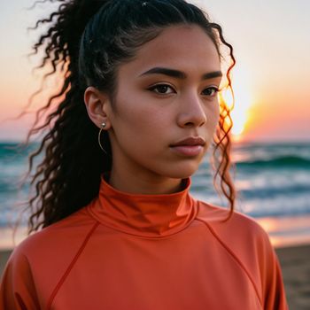 woman with a ponytail standing on a beach at sunset with the sun in the background and the ocean in the foreground