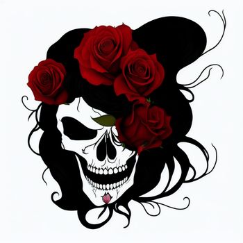 skull with roses in her hair and a skull face tattoo design on it's forehead