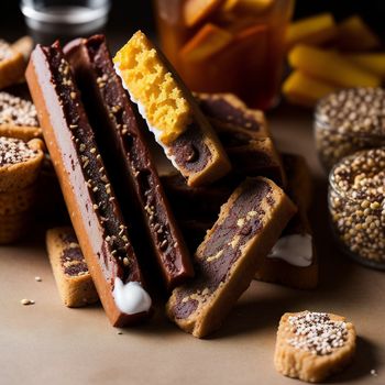 pile of cookies and pastries on a table with other cookies and desserts in the background and a jar of jelly