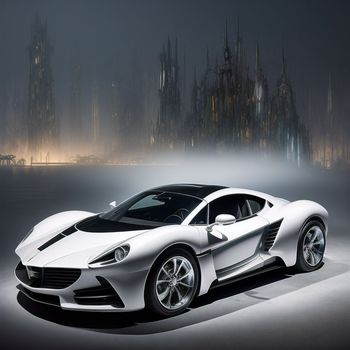 white sports car parked in a dark room with a foggy background and a castle in the background