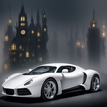 white sports car parked in front of a castle at night with a clock tower in the background and fog