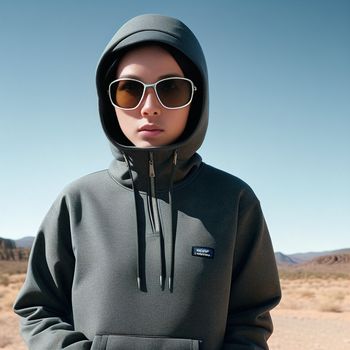 woman wearing a hoodie and sunglasses in the desert with a desert background and a blue sky in the background