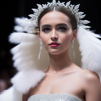 woman with a tiara and a feathered headpiece on her head and a feathered dress on her shoulders