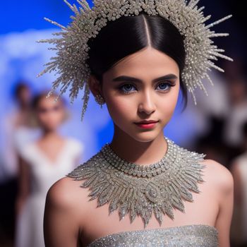 model wears a headpiece made of flowers and pearls on the runway of a fashion show in a white dress