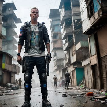 man in a leather jacket holding a gun in a dirty street with other people in the background and buildings in the background