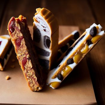 bunch of different types of desserts on a table together on a piece of paper on a table