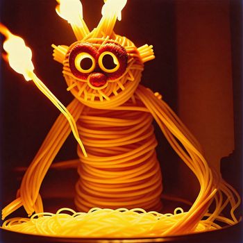 toy made of spaghetti with eyes and ears on it's head and arms with a lit up spaghetti in front of it