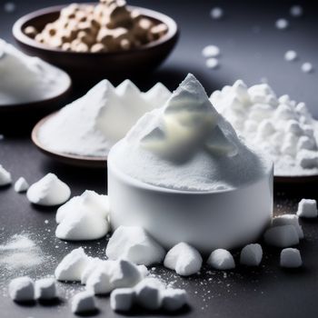 bowl of white sugar next to a bowl of sugar and a spoon of sugar on a table with other sugar and sugar