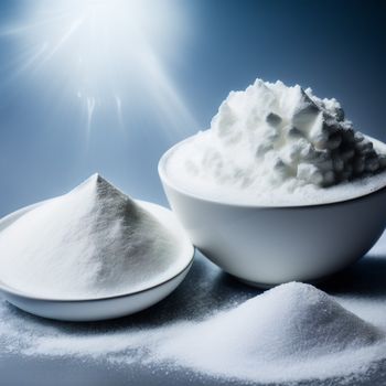 bowl of powder and a spoon on a table with snow on it and a bright sun in the background