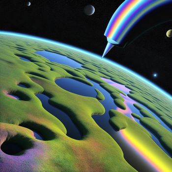 colorful picture of a rainbow colored object flying over a planet with a rainbow colored object in the sky