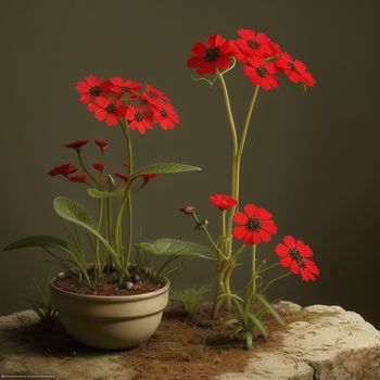 potted plant with red flowers sitting on a rock next to a potted plant with green leaves