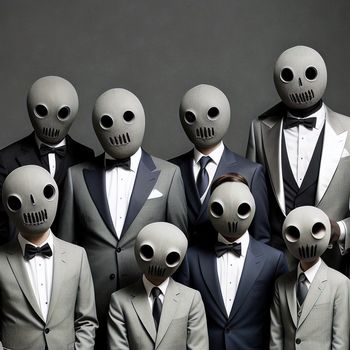 group of people in suits and ties with alien heads on their heads and suits on their heads