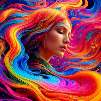 woman with colorful hair and a colorful background is featured in this image of a woman with colorful hair and a colorful background