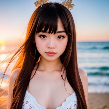 woman with long hair wearing a white bra and a gold headband on the beach at sunset with the sun shining behind her