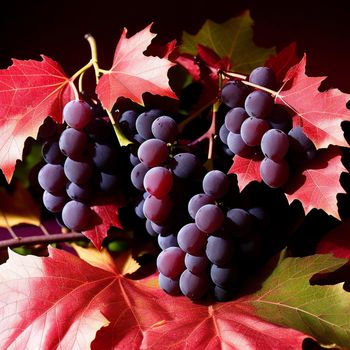 bunch of grapes are hanging from a branch with leaves around them and a red maple leaf in the background