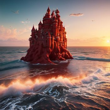 castle made of sand on the beach at sunset or sunrise with waves crashing around it and birds flying around