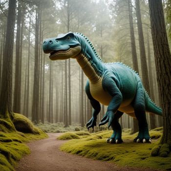 dinosaur statue in the middle of a forest with a path leading to it and trees in the background