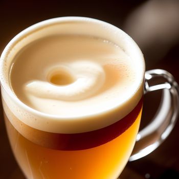 glass of beer with a swirl in the middle of it's foamy foamy top and a brown base