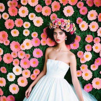 woman in a white dress standing in front of a flower wall with pink and yellow flowers on it