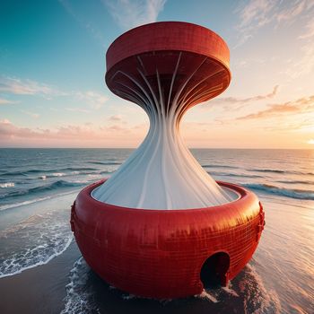 large red and white structure on the beach at sunset or sunrise time with waves coming in from the ocean