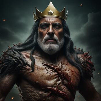 man with a crown on his head and blood on his chest and chest
