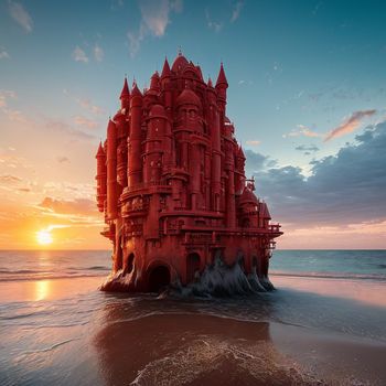 very large red building sitting on top of a beach next to the ocean at sunset or dawn with a sun setting